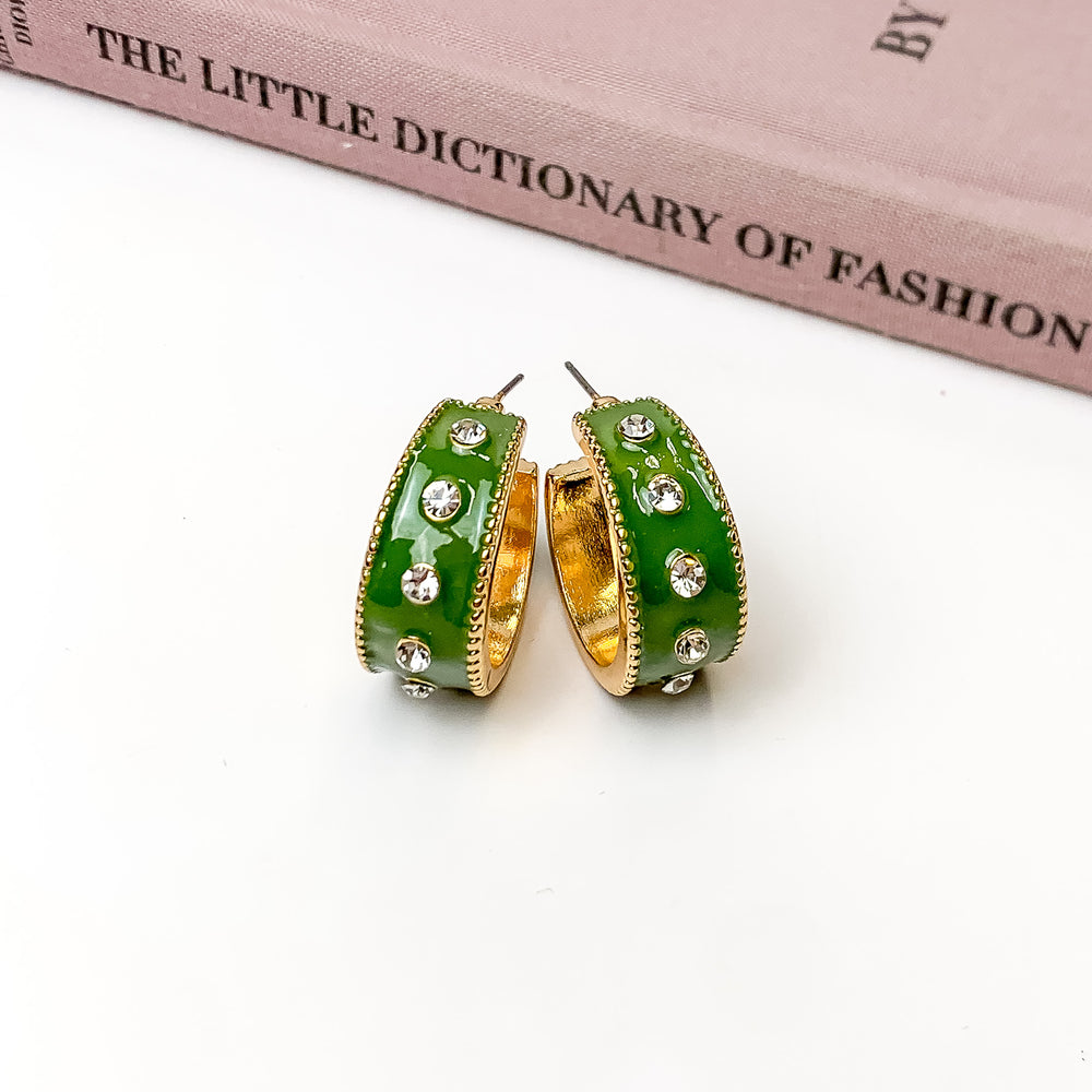 Surrounded By Starlight Small Gold Tone Hoop Earrings in Olive Green - Giddy Up Glamour Boutique