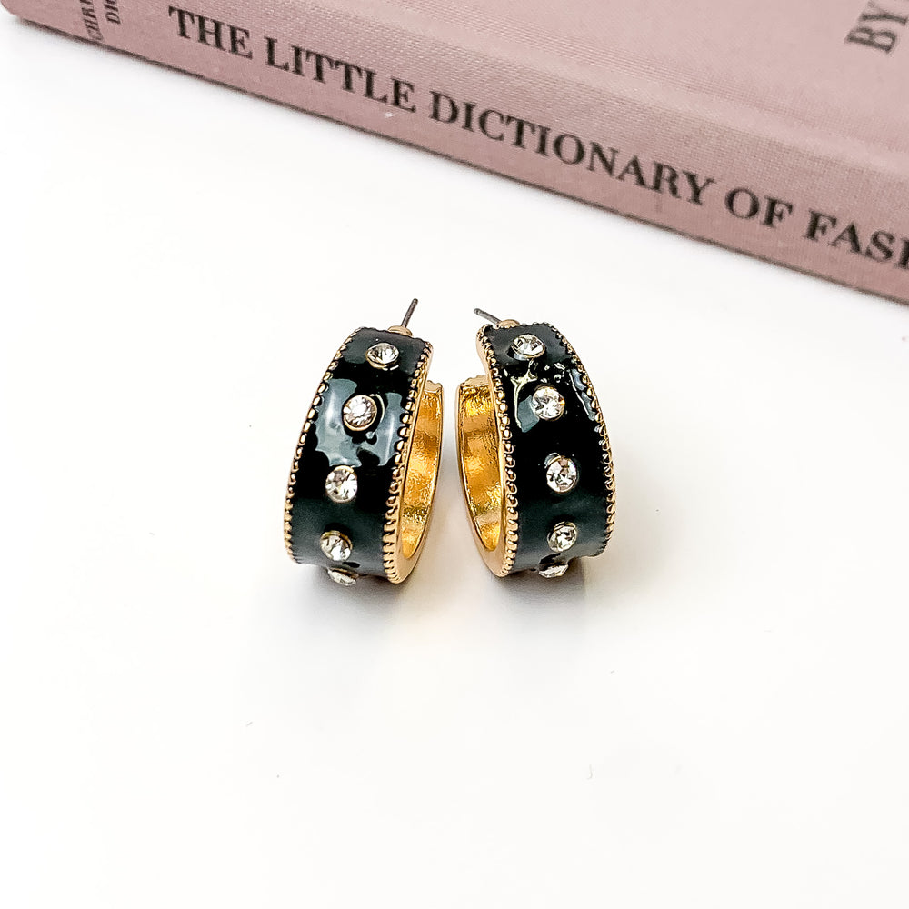 Surrounded By Starlight Small Gold Tone Hoop Earrings in Black - Giddy Up Glamour Boutique
