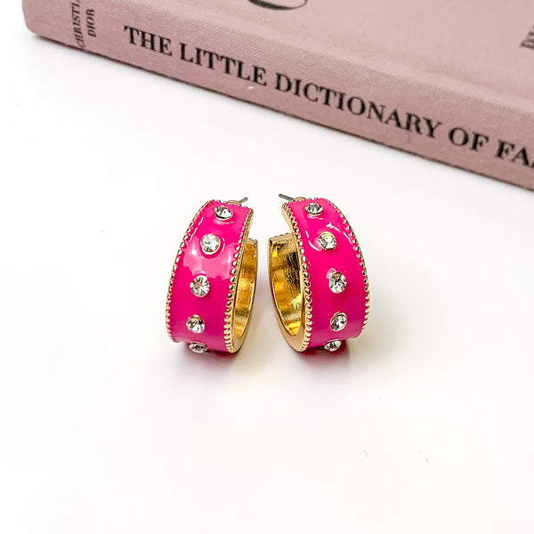 Surrounded By Starlight Small Gold Tone Hoop Earrings in Fuchsia Pink
