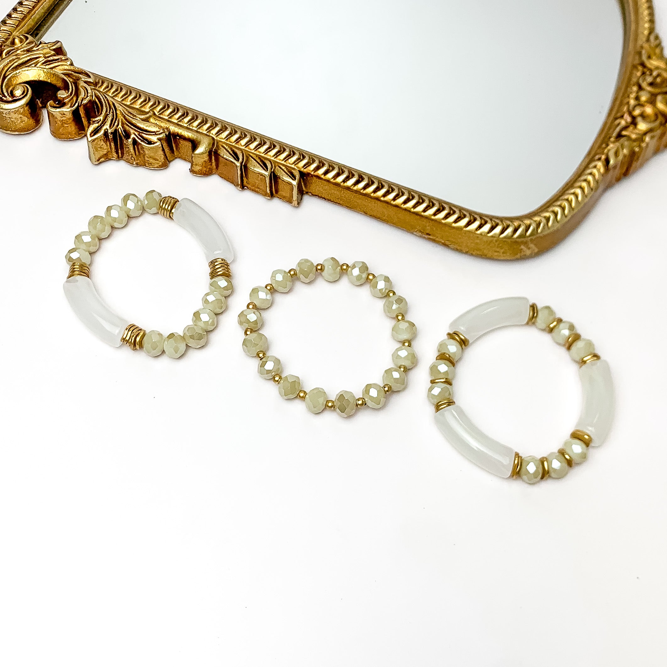 Set of Three | Sunny Bliss Crystal Beaded Bracelet Set in Ivory - Giddy Up Glamour Boutique