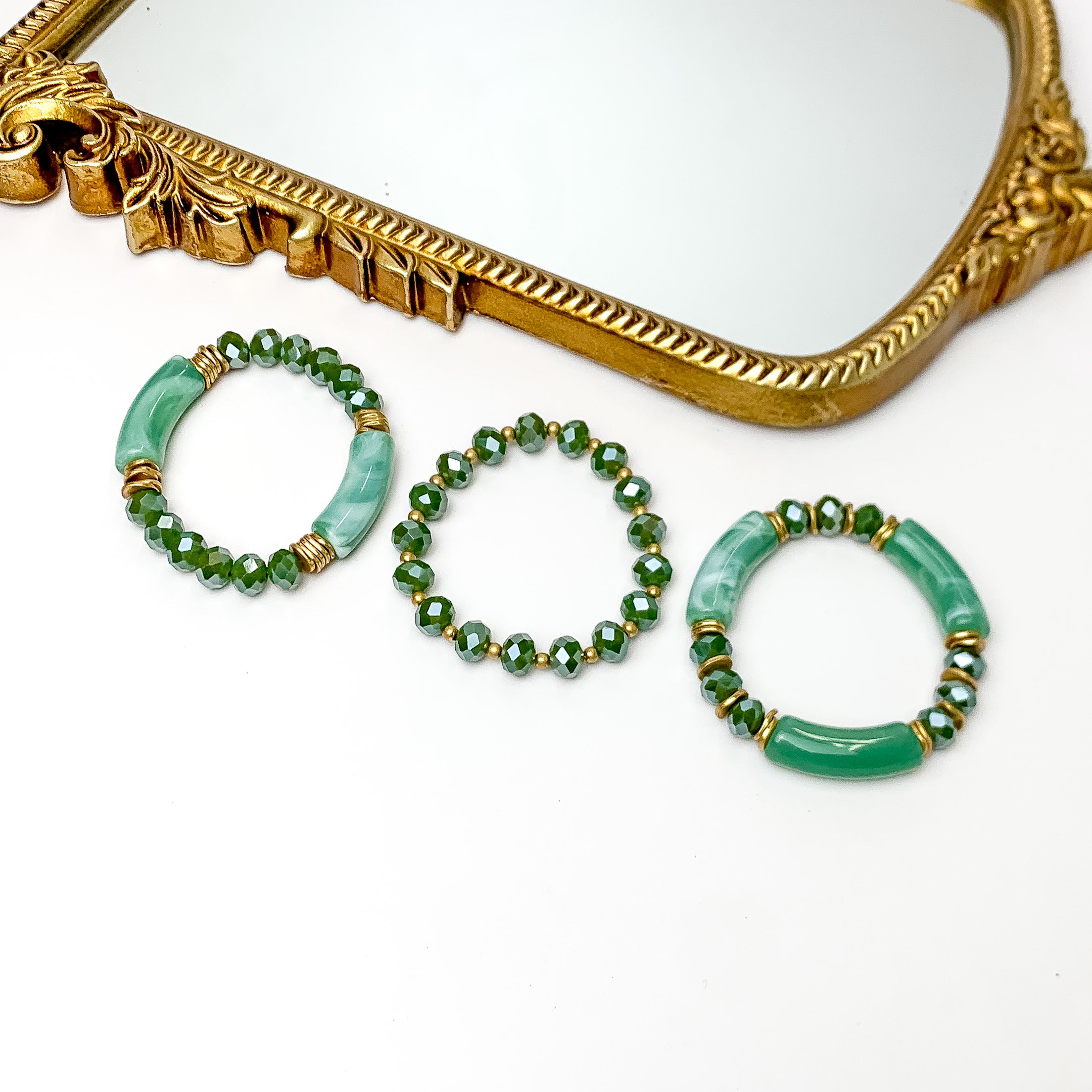 Set of Three | Sunny Bliss Crystal Beaded Bracelet Set in Green - Giddy Up Glamour Boutique