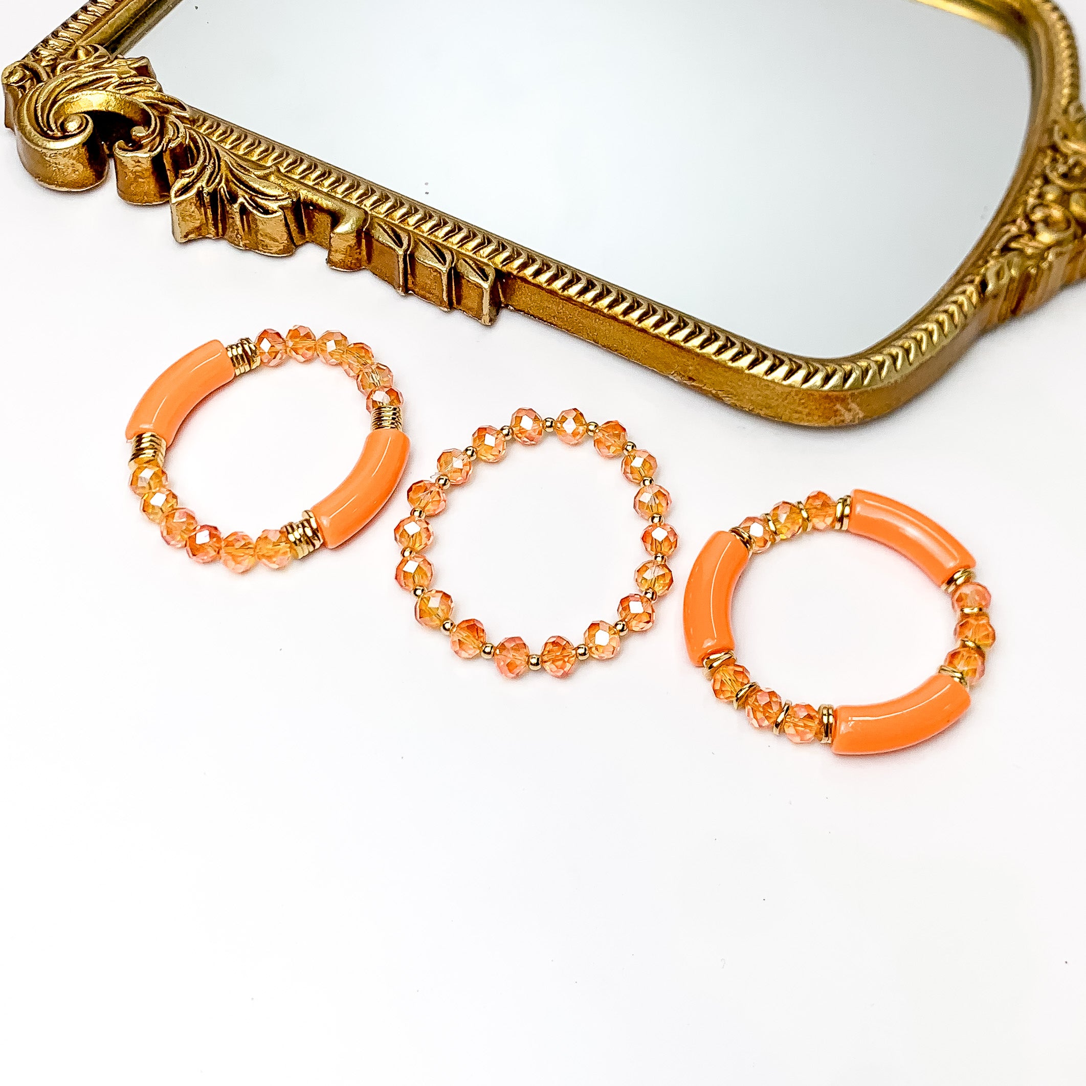 Set of Three | Sunny Bliss Crystal Beaded Bracelet Set in Orange - Giddy Up Glamour Boutique