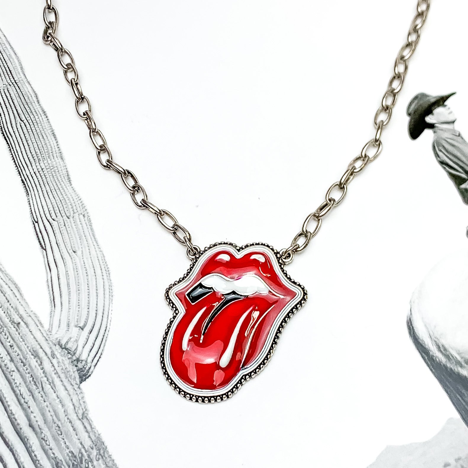 Bold Red Tongue Pendent on Silver Tone Necklace - Giddy Up Glamour Boutique