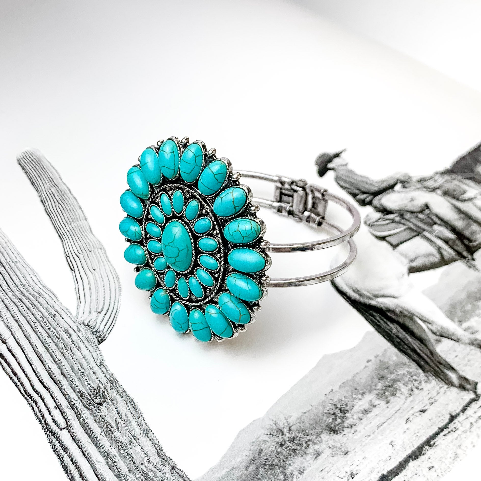 Turquoise Oval Stone Concho Hinge Cuff Bracelet - Giddy Up Glamour Boutique