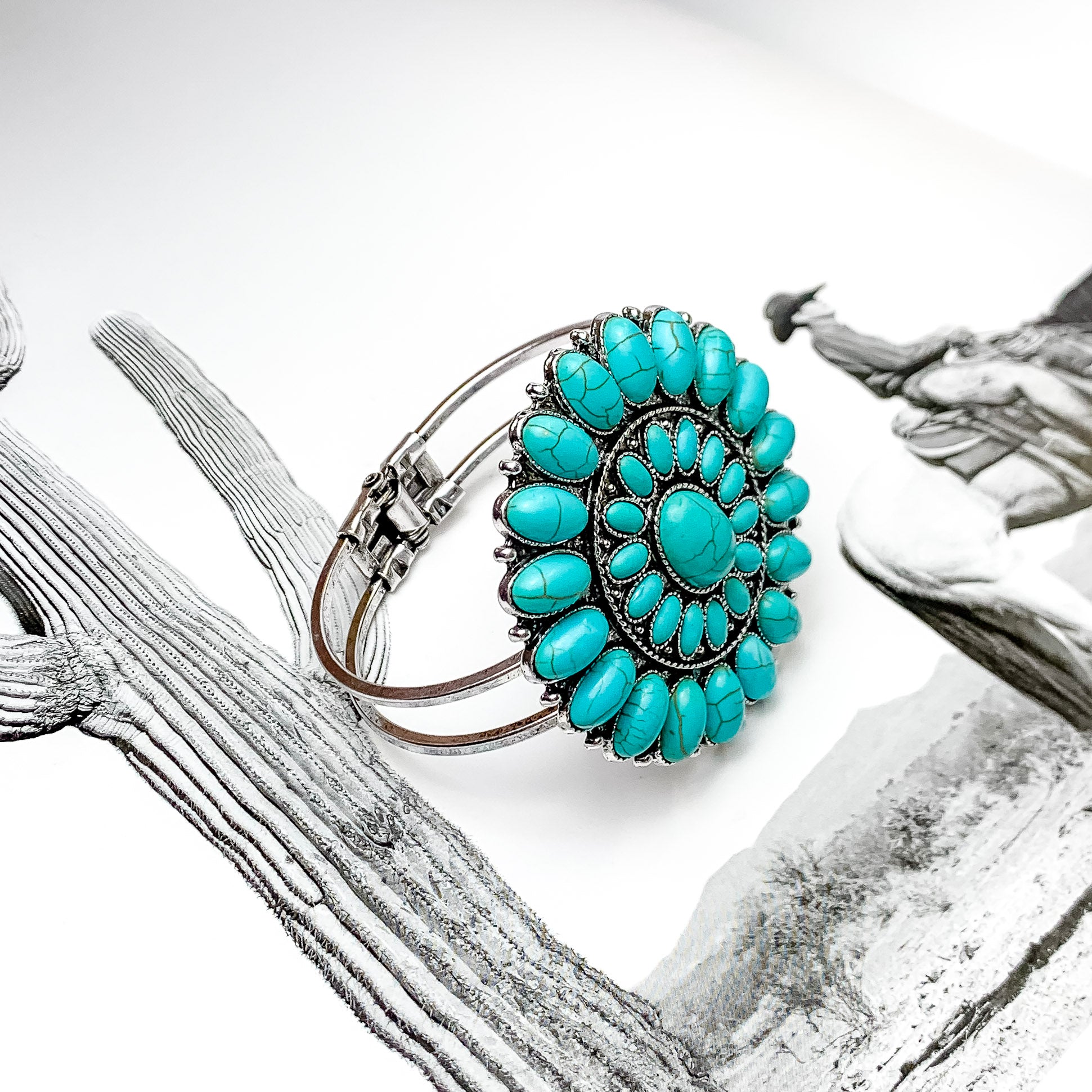 Turquoise Oval Stone Concho Hinge Cuff Bracelet - Giddy Up Glamour Boutique