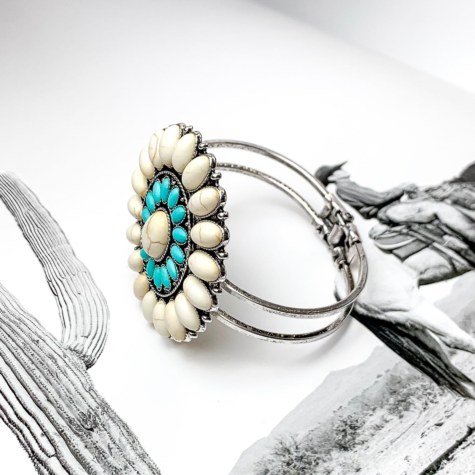 Ivory and Turquoise Oval Stone Concho Hinge Cuff Bracelet - Giddy Up Glamour Boutique