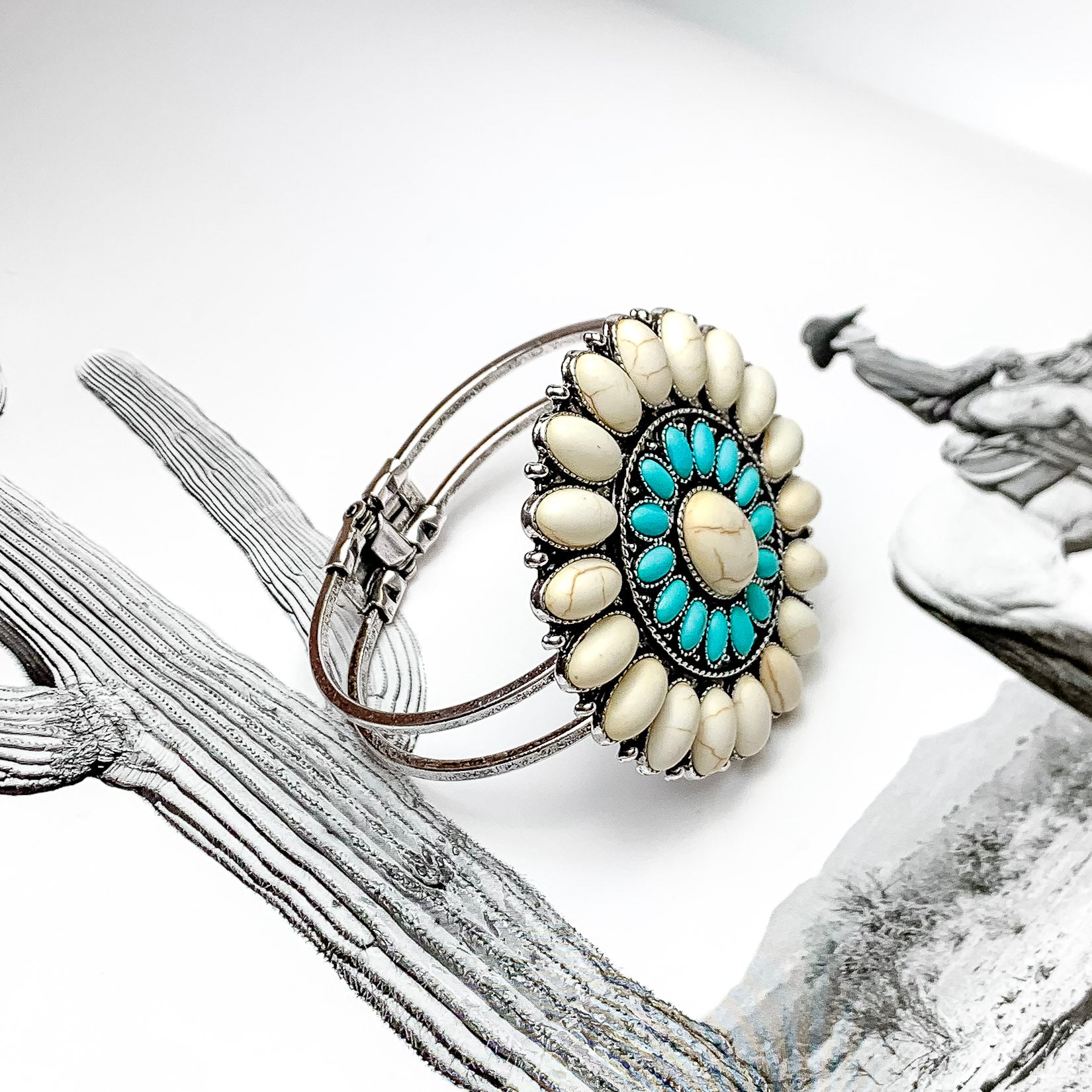 Ivory and Turquoise Oval Stone Concho Hinge Cuff Bracelet - Giddy Up Glamour Boutique
