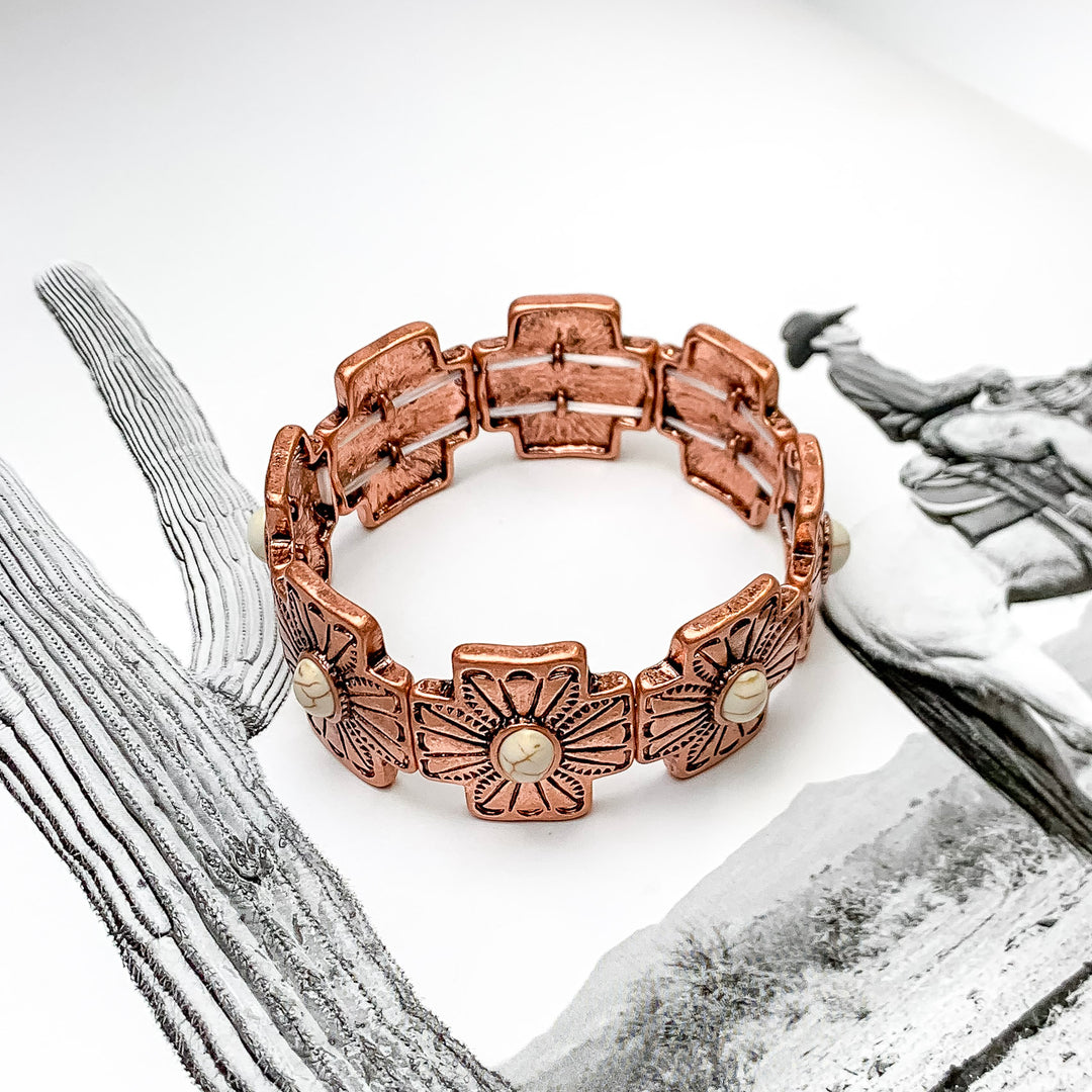 Western Cross Bracelet with Ivory Center Stones in Copper Tone - Giddy Up Glamour Boutique