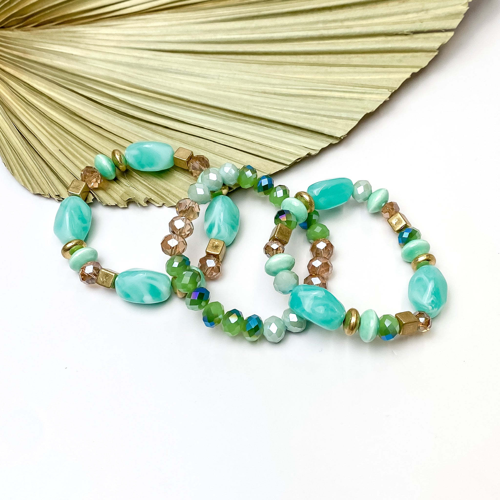Set of Three | Coastal Charm Crystal and Marble Beaded Bracelet Set in Mint Green - Giddy Up Glamour Boutique