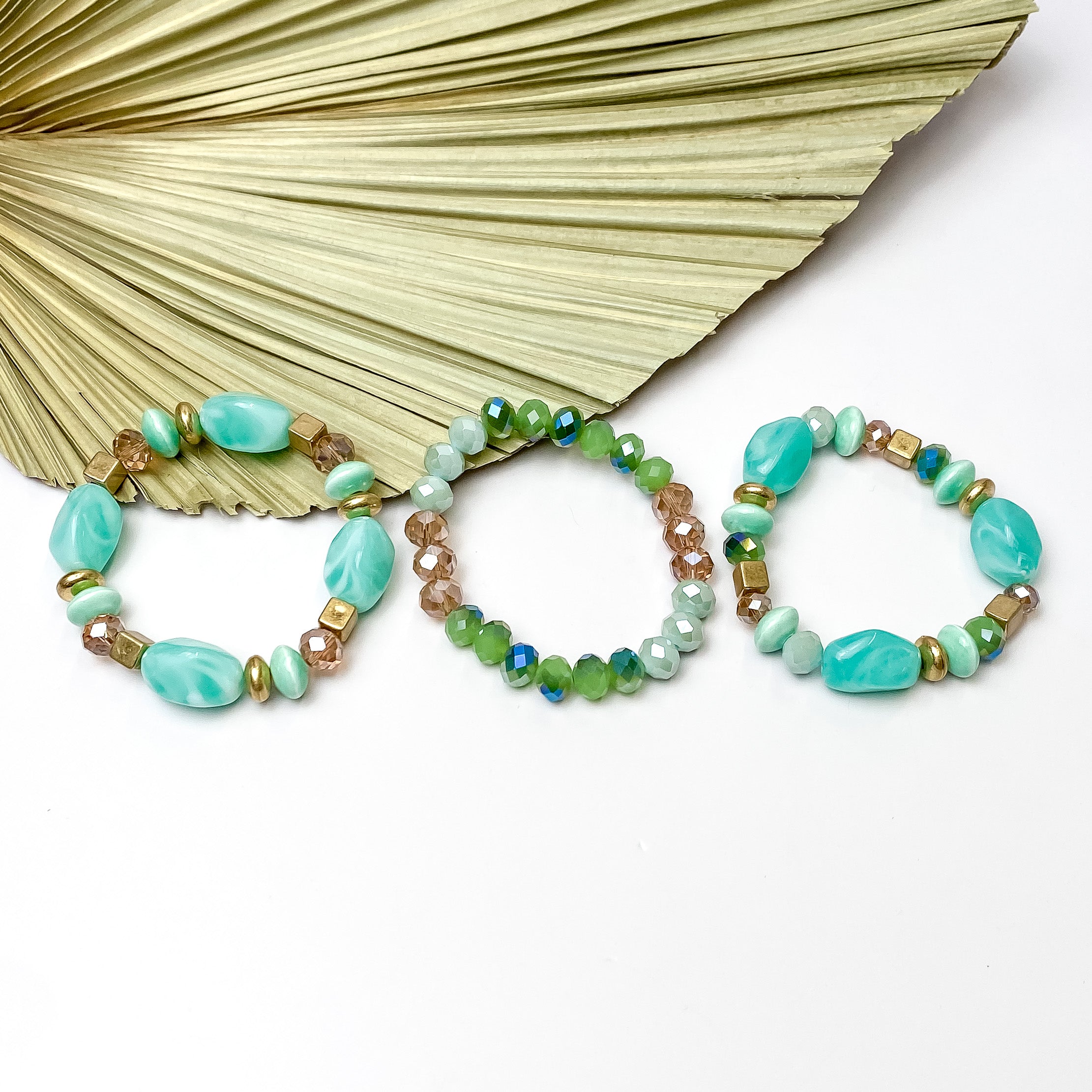 Set of Three | Coastal Charm Crystal and Marble Beaded Bracelet Set in Mint Green - Giddy Up Glamour Boutique