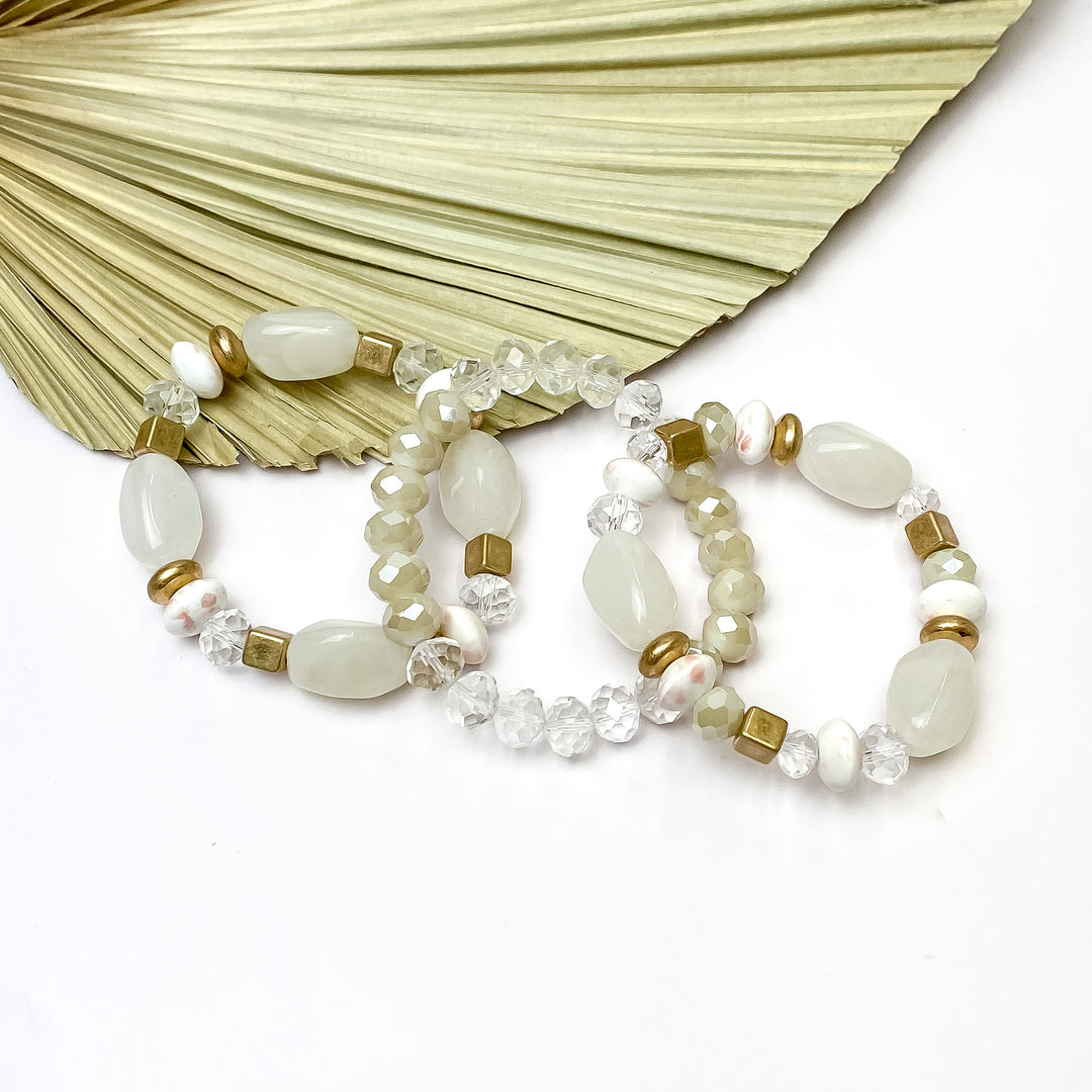 Set of Three | Coastal Charm Crystal and Marble Beaded Bracelet Set in Ivory - Giddy Up Glamour Boutique