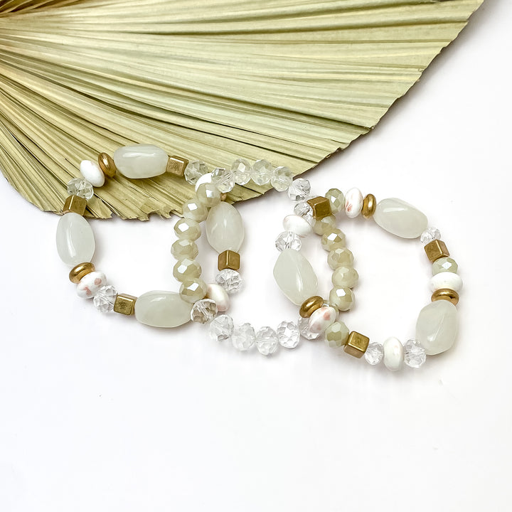 Set of Three | Coastal Charm Crystal and Marble Beaded Bracelet Set in Ivory - Giddy Up Glamour Boutique