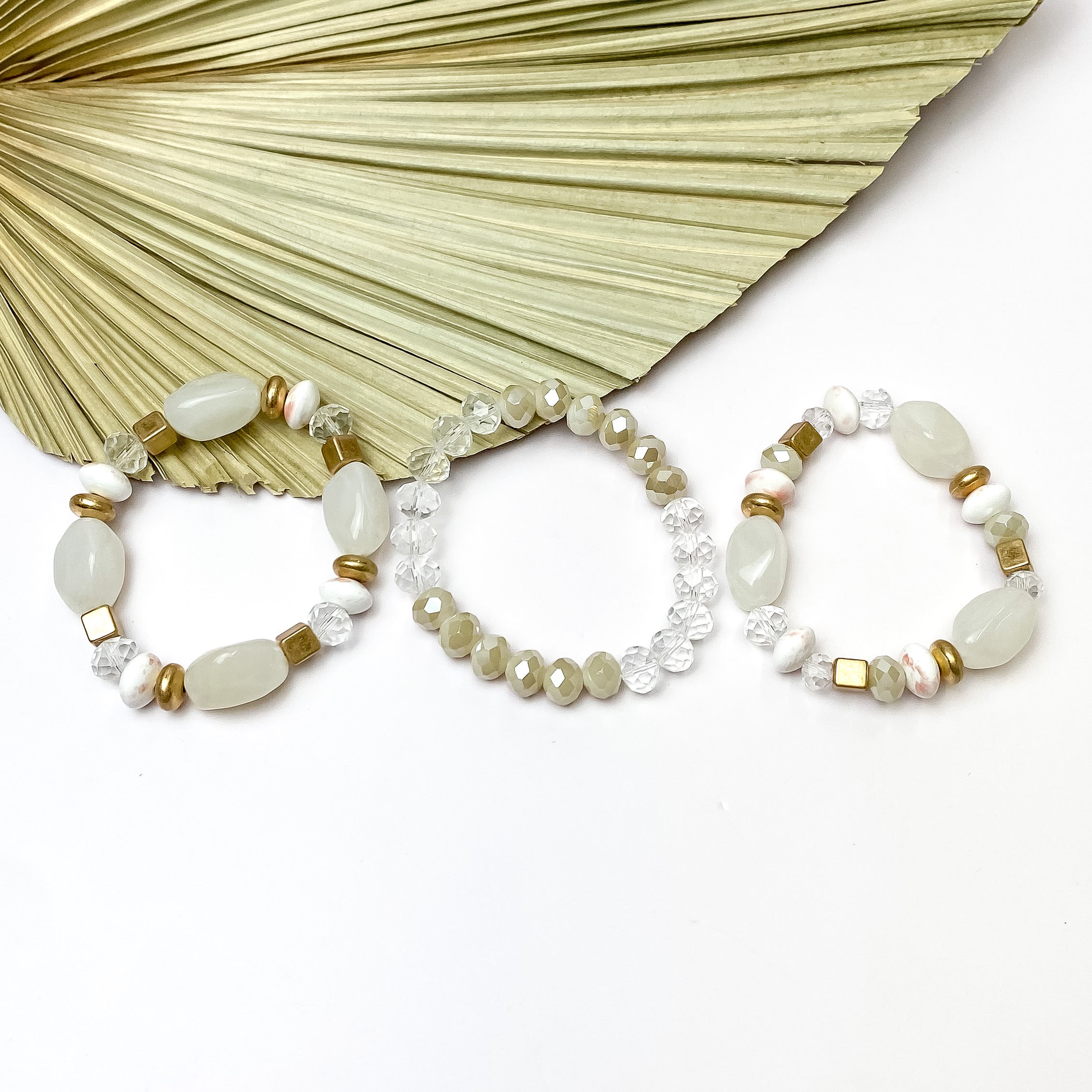 Set of Three | Coastal Charm Crystal and Marble Beaded Bracelet Set in Ivory - Giddy Up Glamour Boutique