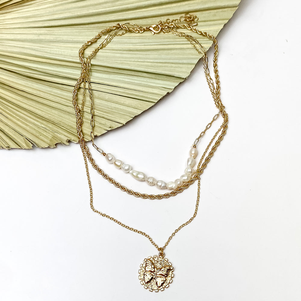 Butterfly Pendant Gold Tone Three layered Necklace With Pearl Accents - Giddy Up Glamour Boutique