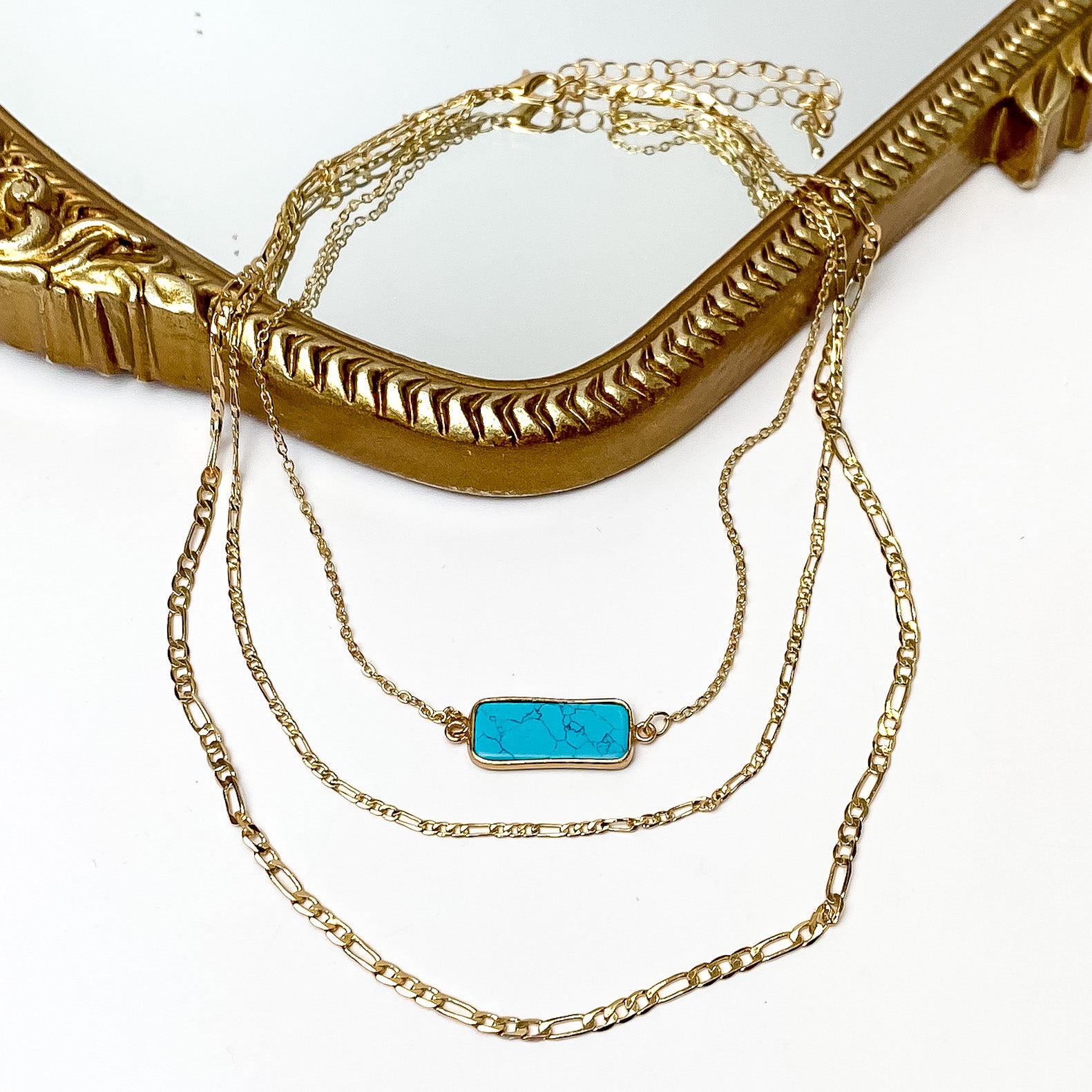 Turquoise Stone Pendant Gold Tone Chain Three layered Necklace - Giddy Up Glamour Boutique