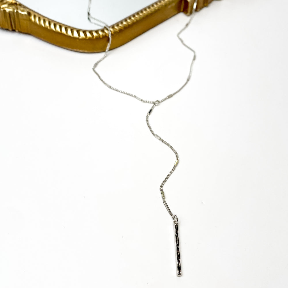 Silver Tone Y Necklace With Hammered Rectangle Charms - Giddy Up Glamour Boutique