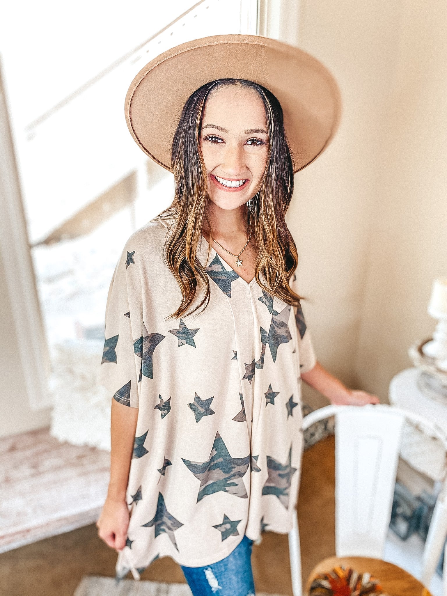 Lost In The Stars Poncho Top in Beige - Giddy Up Glamour Boutique