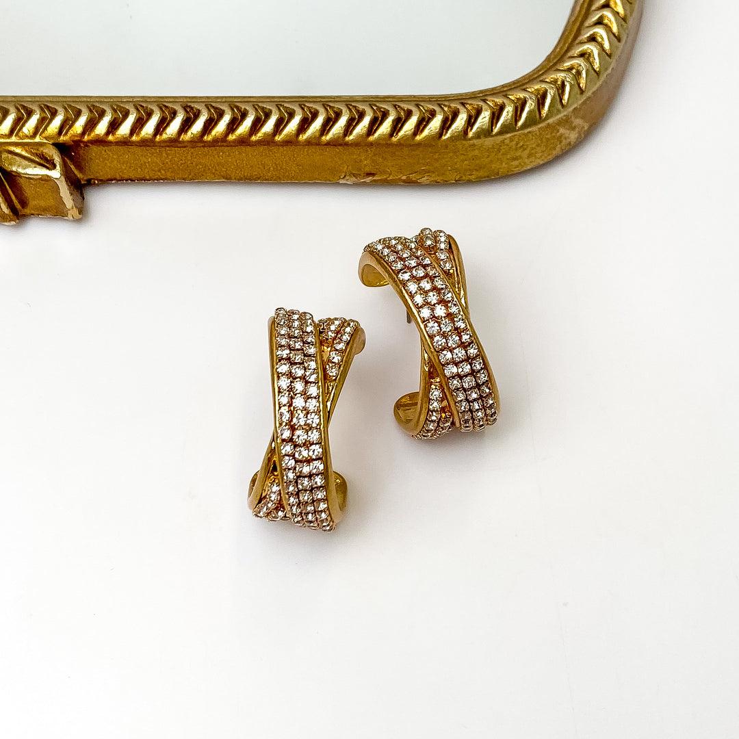 Crossing Paths Gold Tone Hoop Earrings With Clear Crystals - Giddy Up Glamour Boutique