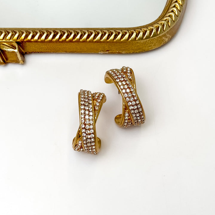 Crossing Paths Gold Tone Hoop Earrings With Clear Crystals - Giddy Up Glamour Boutique