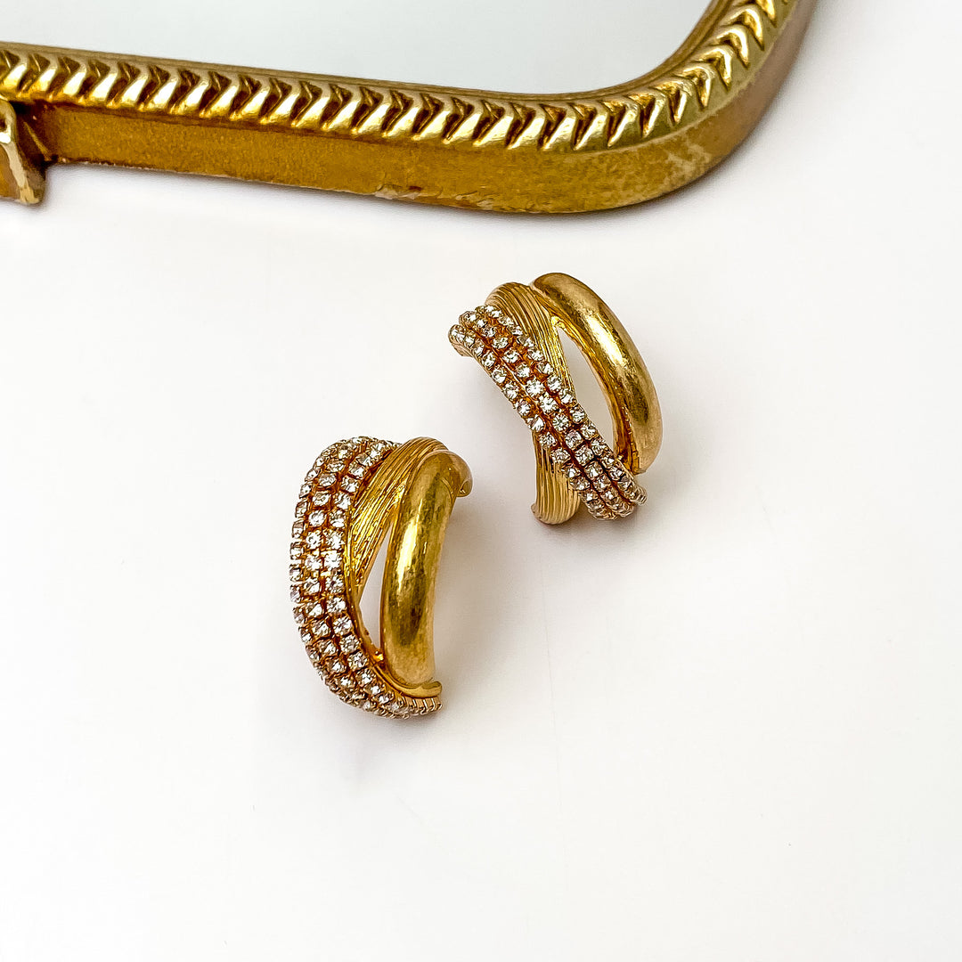Divine Evening Intertwined Hoop Earrings With Clear Crystals in Gold Tone - Giddy Up Glamour Boutique