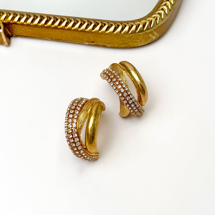 Divine Evening Intertwined Hoop Earrings With Clear Crystals in Gold Tone - Giddy Up Glamour Boutique