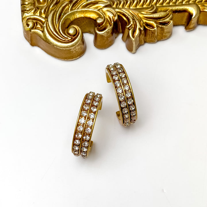 City Nights Gold Tone Hoop Earrings With Double Inlaid Clear Crystals - Giddy Up Glamour Boutique