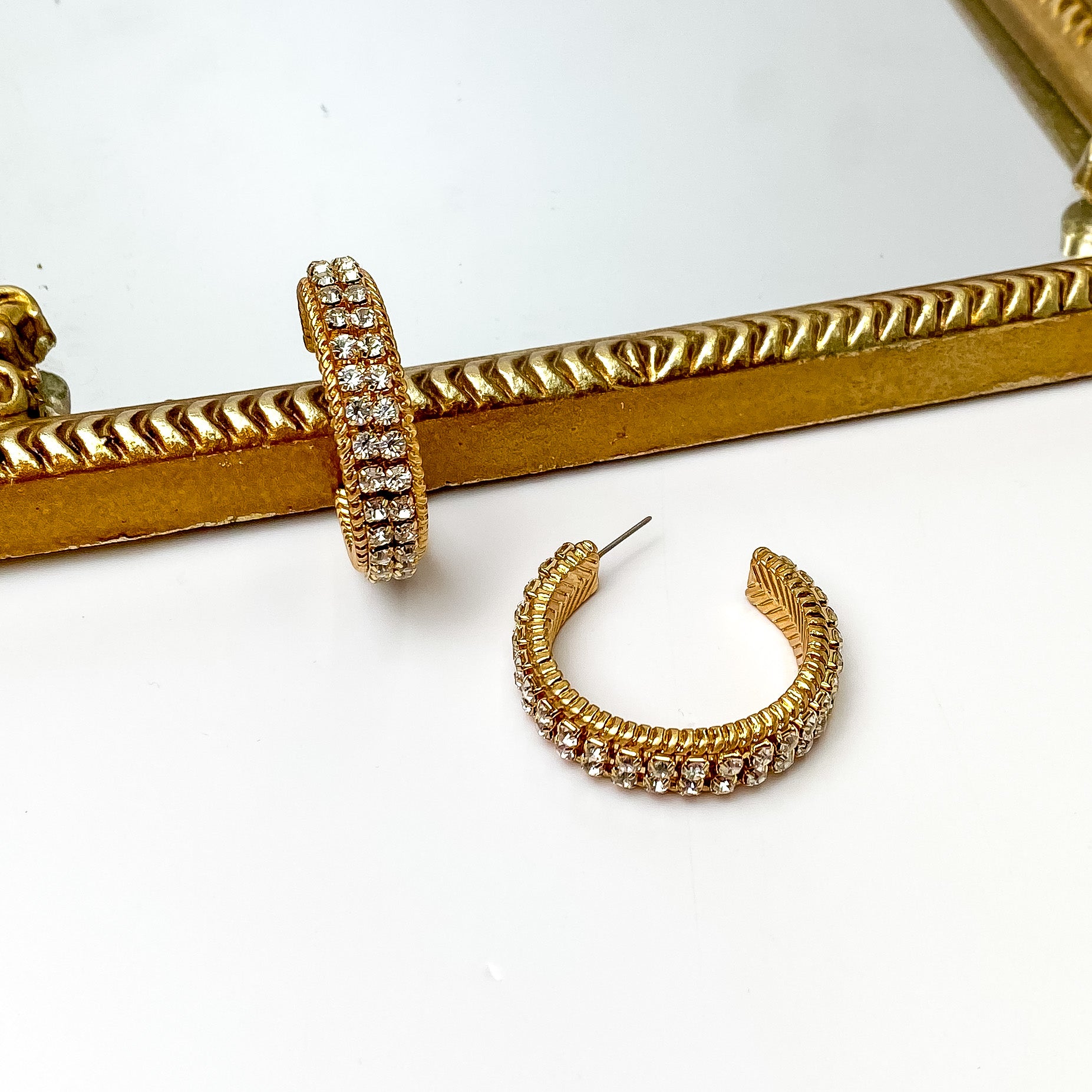 Clear Crystal Inlay and Gold Tone Hoop Earrings - Giddy Up Glamour Boutique