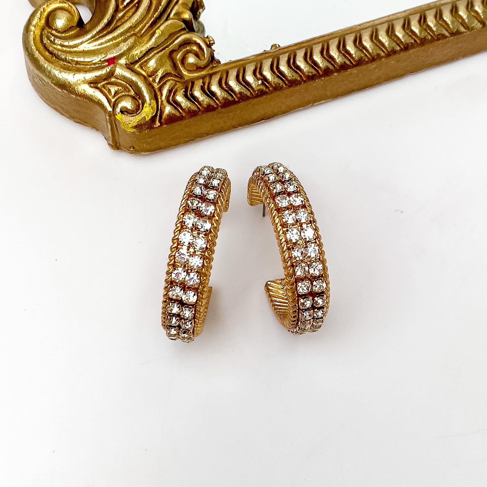 Clear Crystal Inlay and Gold Tone Hoop Earrings - Giddy Up Glamour Boutique