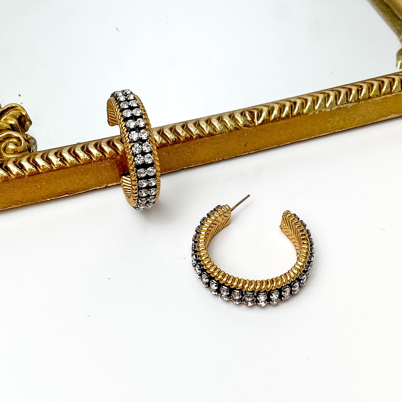 Clear Crystal Inlay and Gold Tone Hoop Earrings with Black Setting