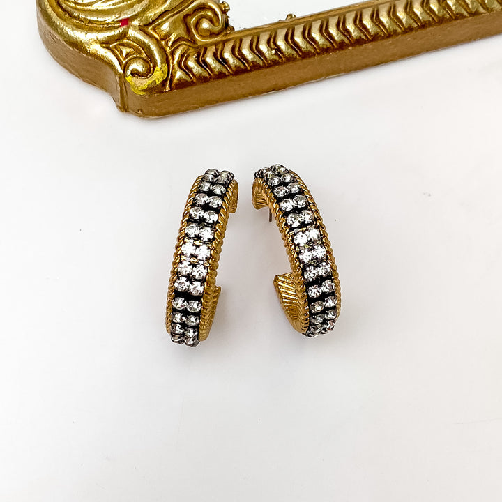Clear Crystal Inlay and Gold Tone Hoop Earrings with Black Setting - Giddy Up Glamour Boutique