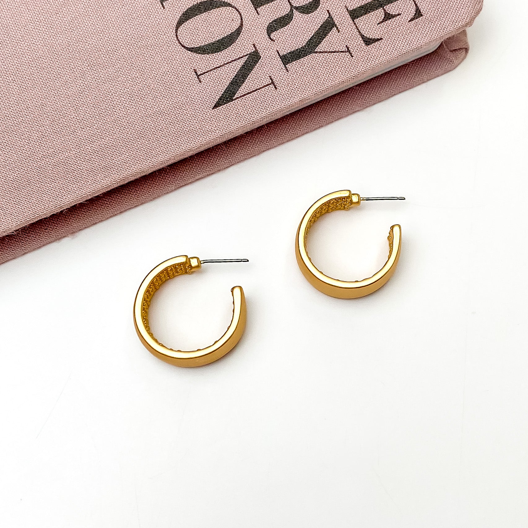 Gold Tone Small Hoop Earrings With a Textured Inside - Giddy Up Glamour Boutique