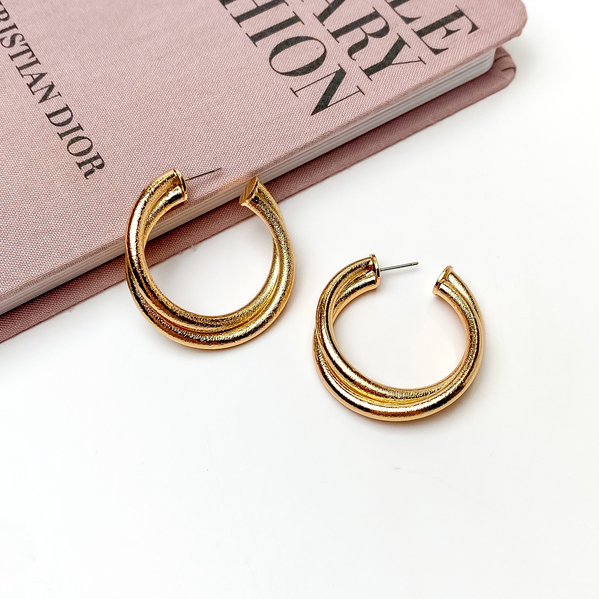 Twisted Hoop Earrings in Textured Gold Tone - Giddy Up Glamour Boutique