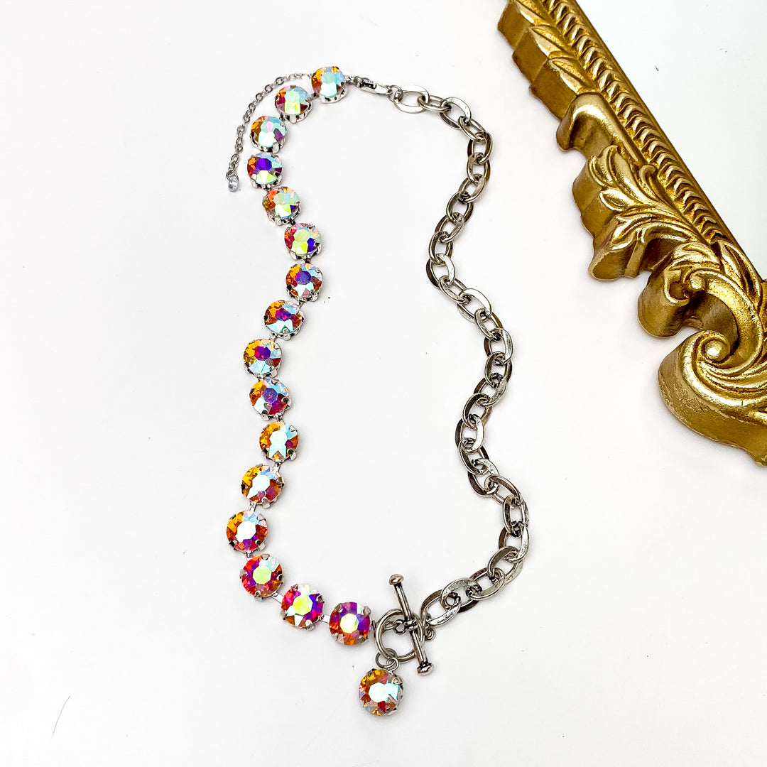 Half Chain and Half AB Crystal Necklace with Front Toggle Clasp in Silver Tone - Giddy Up Glamour Boutique