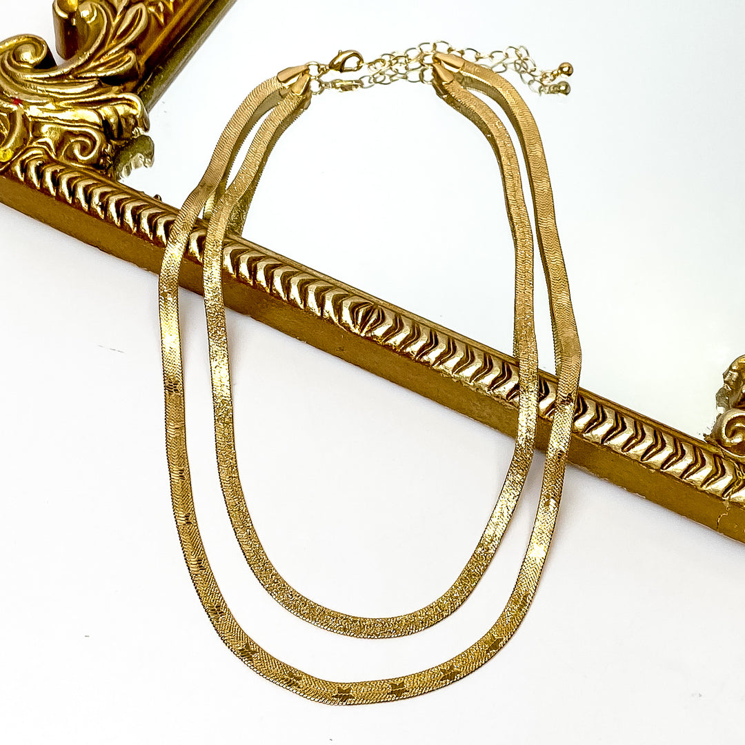 Try to Flirt Layered Herringbone Chain Necklace with Star Imprints in Gold Tone - Giddy Up Glamour Boutique