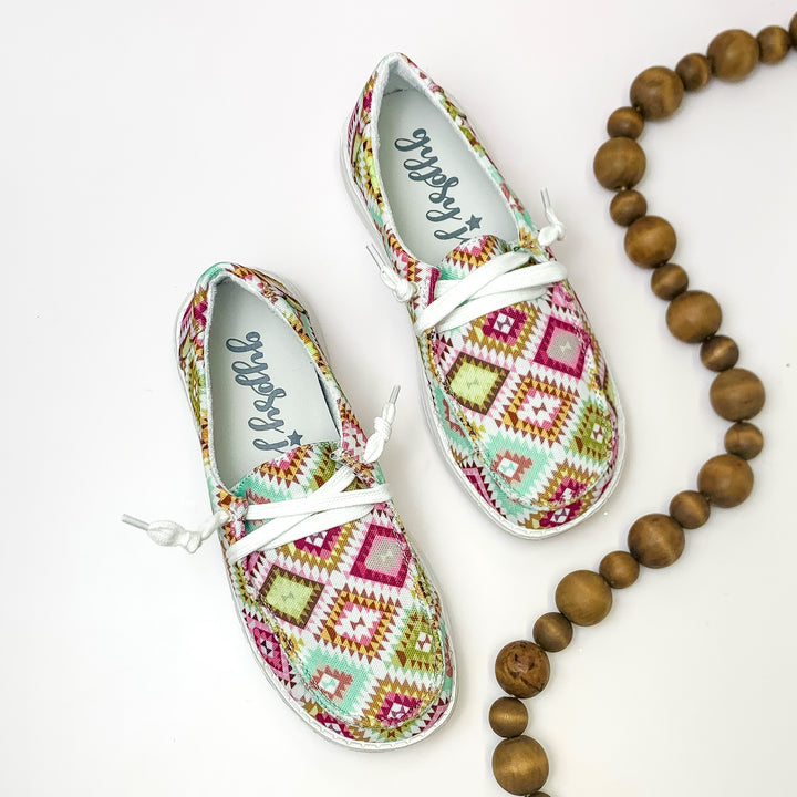 Very G | Have To Run Slip On Loafer with Laces in Green and Pink Multi Aztec Print - Giddy Up Glamour Boutique