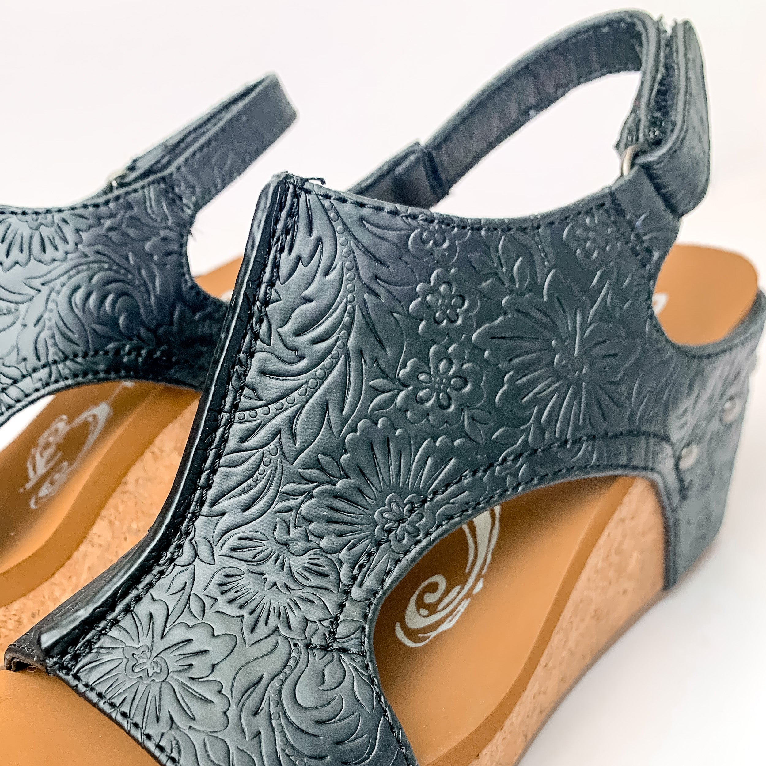 Very G | Trading Secrets Wedge Sandal with Velcro Strap in Tooled Black - Giddy Up Glamour Boutique