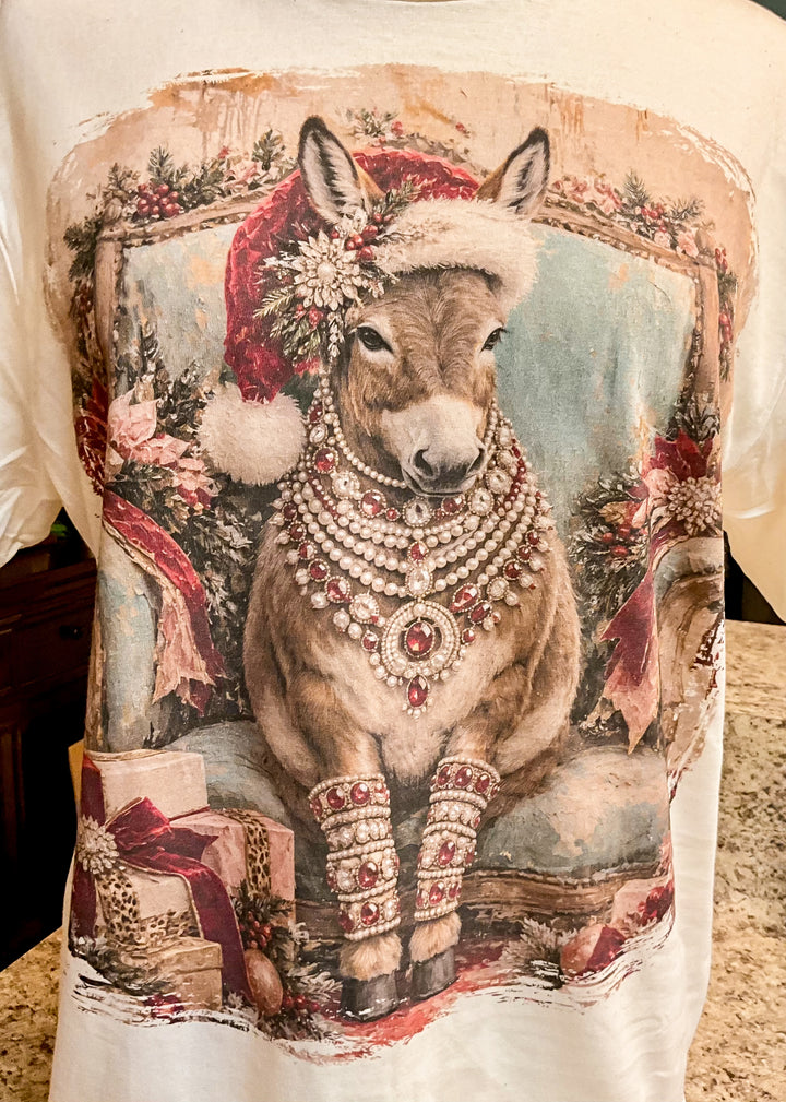 Custom Made to Order Preorder | Christmas Tilly Glam Santa Hat Donkey Short Sleeve Christmas Graphic Tee with Crystals in Cream