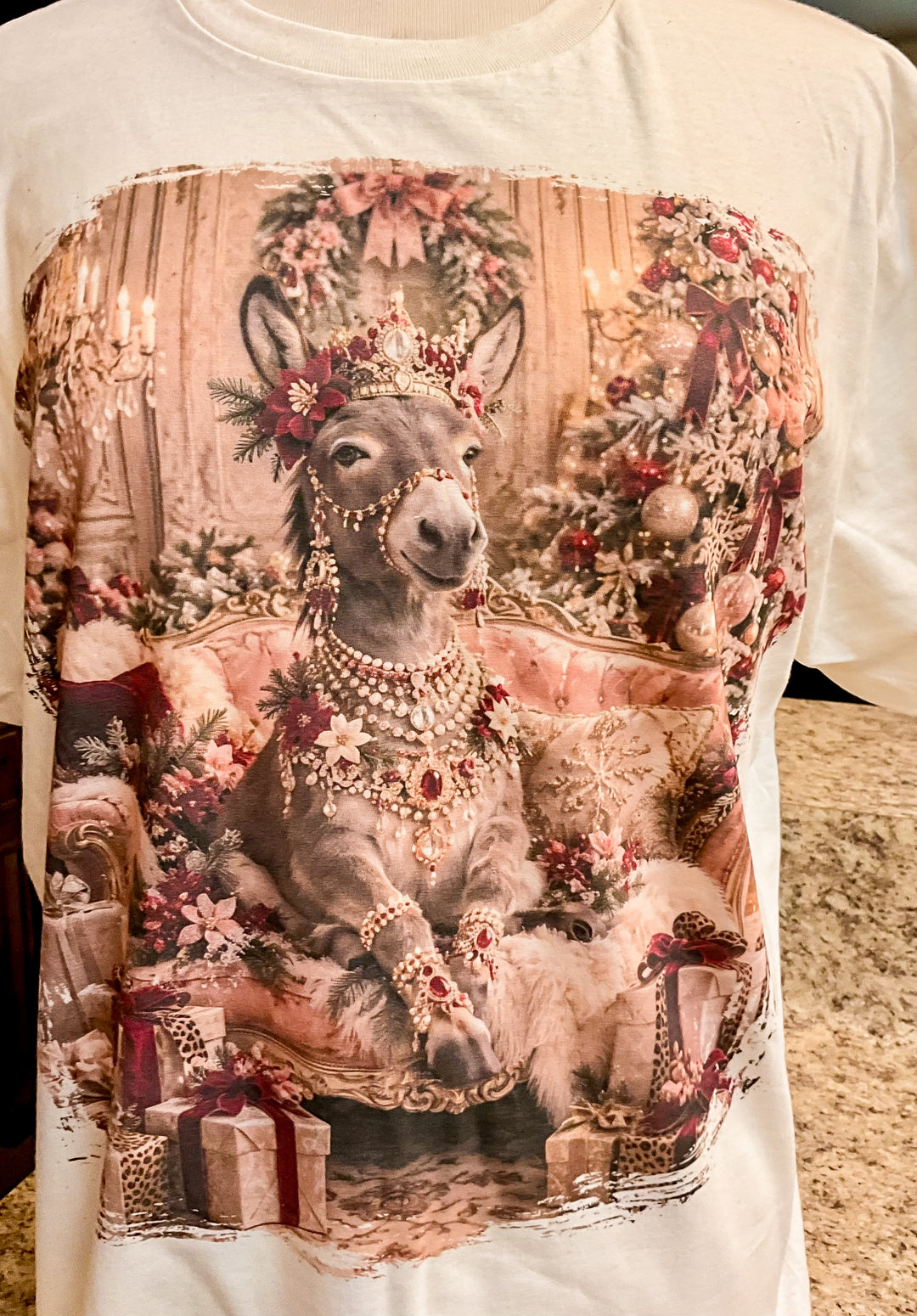 Custom Made to Order Preorder | Christmas Queen Sassy Glam Jeweled Donkey Short Sleeve Christmas Graphic Tee with Crystals in Cream