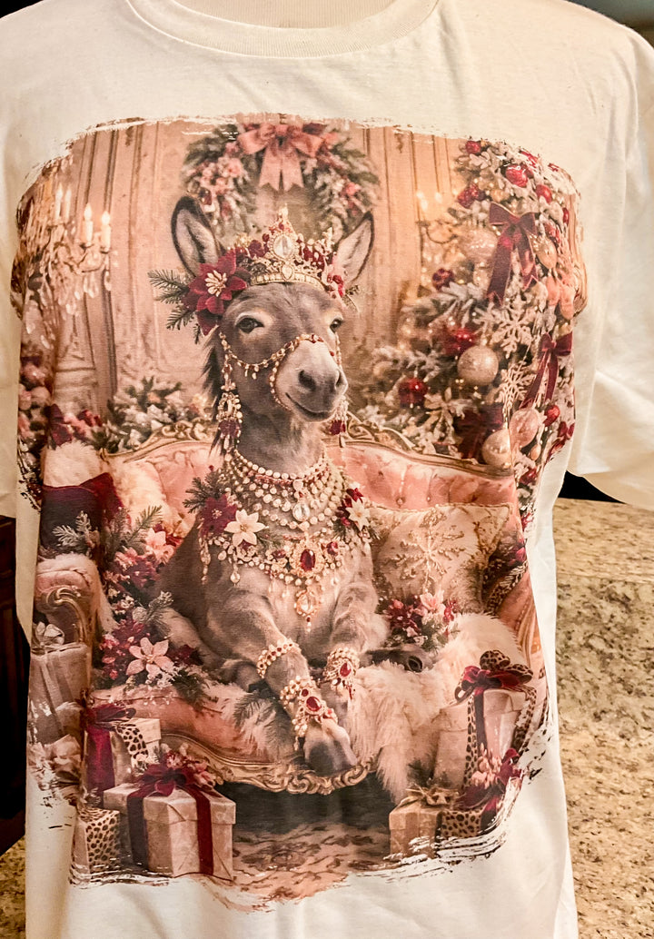 Custom Made to Order Preorder | Christmas Queen Sassy Glam Jeweled Donkey Short Sleeve Christmas Graphic Tee with Crystals in Cream