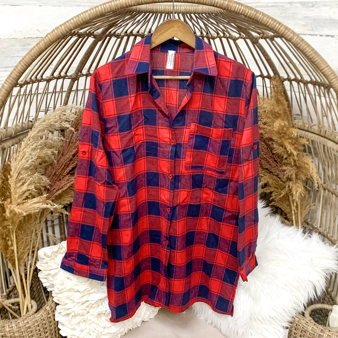 Red and Navy Blue Button Up Flannel - Giddy Up Glamour Boutique