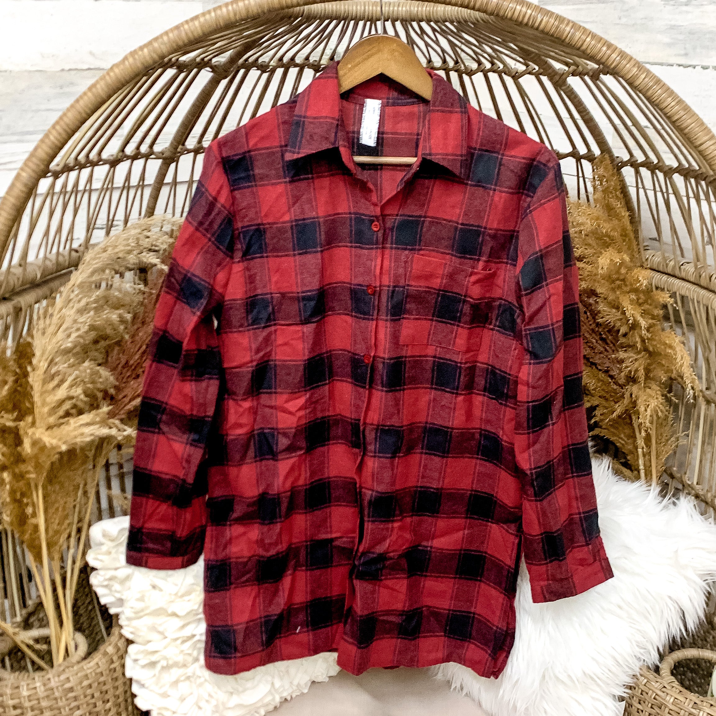 Last Chance Size S & M | Red and Black Button Up Flannel with White Cross Design - Giddy Up Glamour Boutique