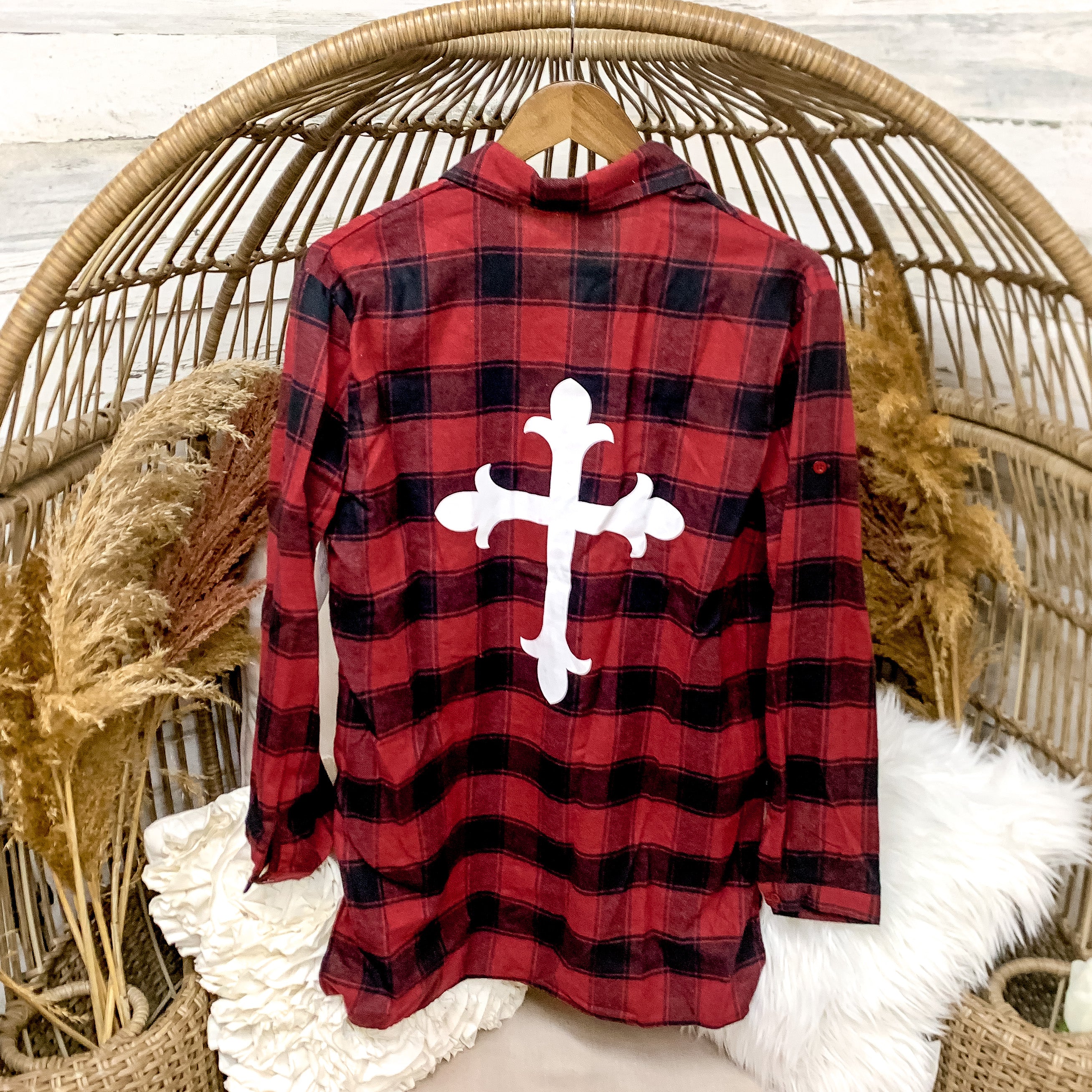 Last Chance Size S & M | Red and Black Button Up Flannel with White Cross Design - Giddy Up Glamour Boutique