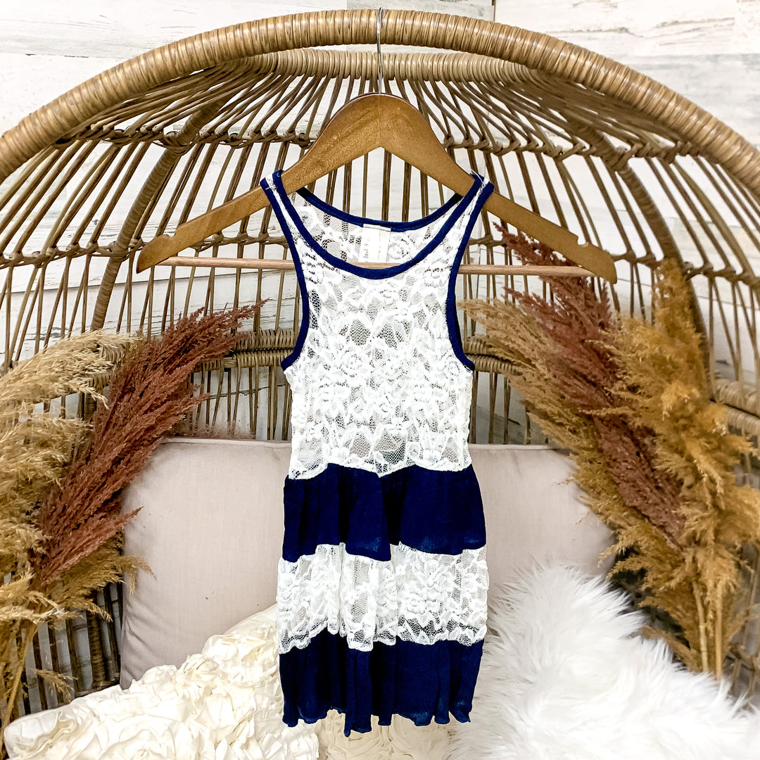 Kids Navy and White Lace Tank Top - Giddy Up Glamour Boutique
