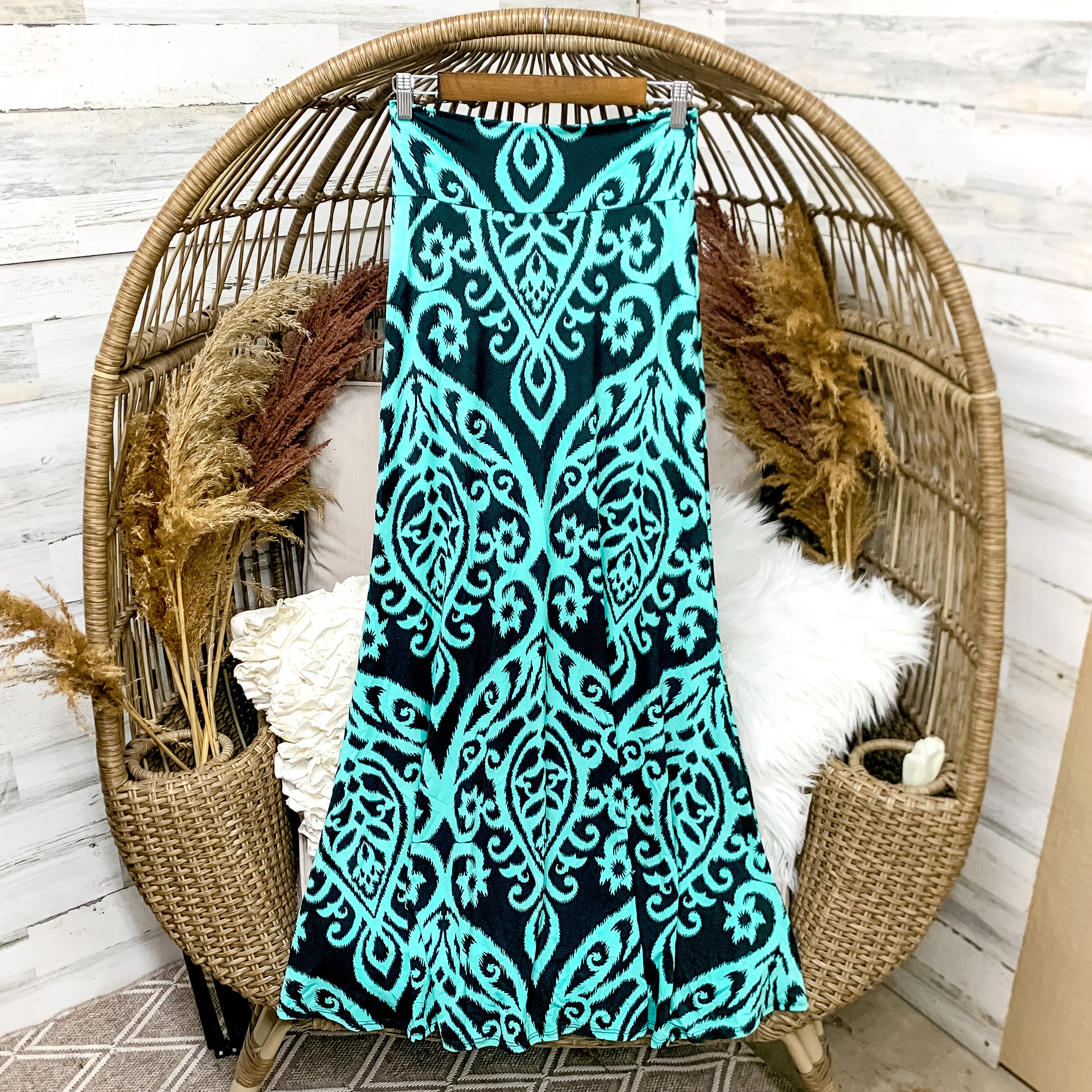 Last Chance Size Large | Damask Print Skirt in Teal - Giddy Up Glamour Boutique