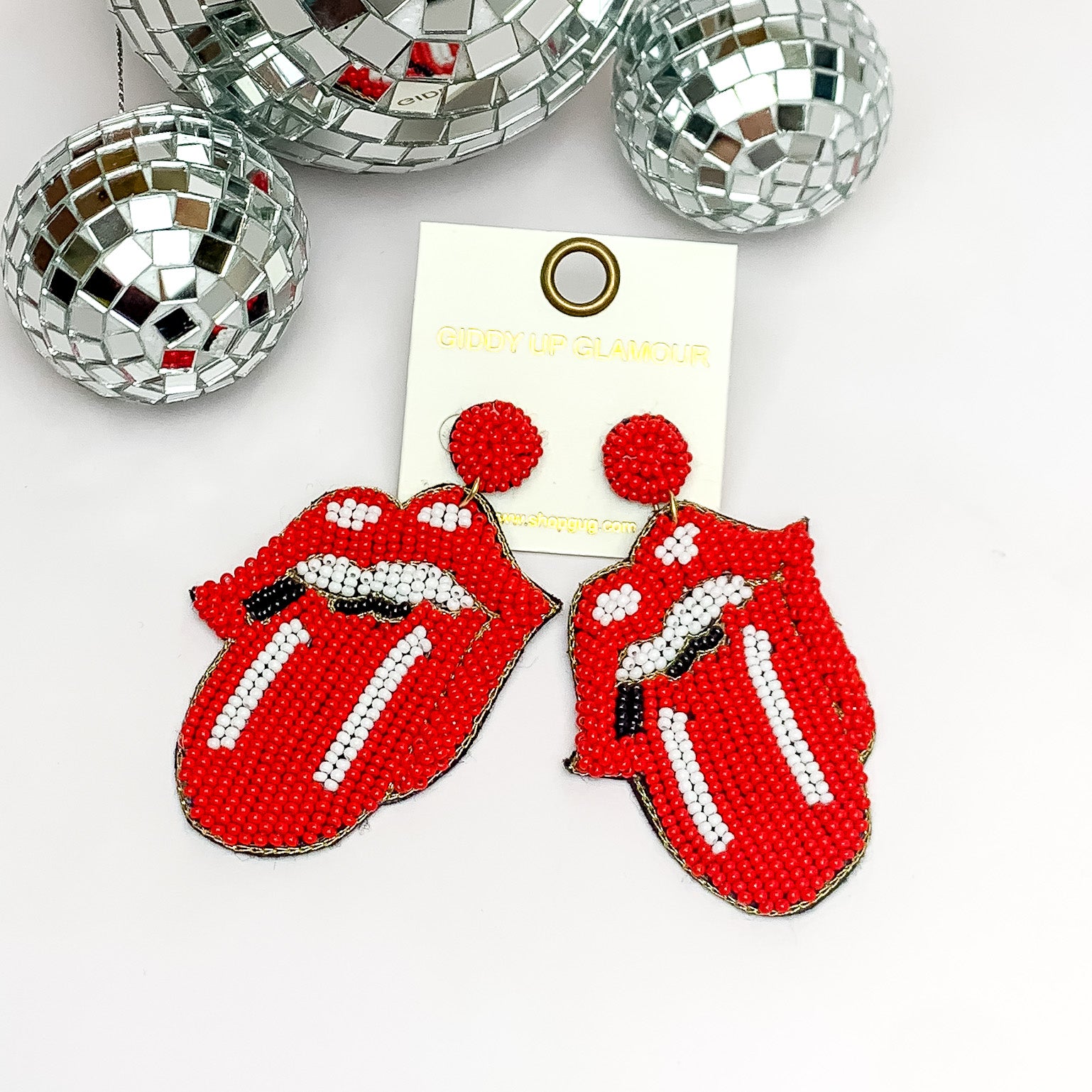 Seed Beaded Lip and Tongue Post Earrings in Red - Giddy Up Glamour Boutique