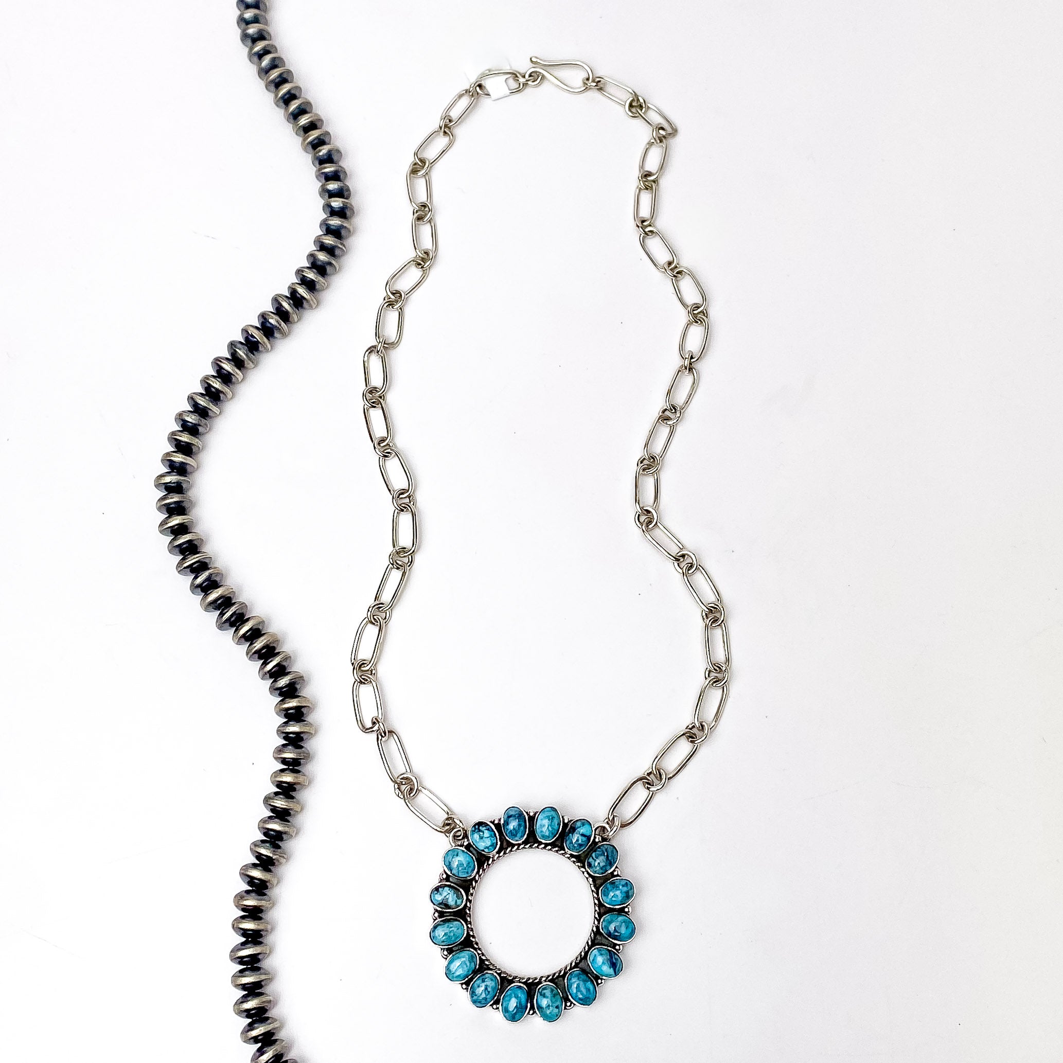 Hada Collection | Handmade Sterling Silver Chain Circle Kingman Turquoise Necklace - Giddy Up Glamour Boutique