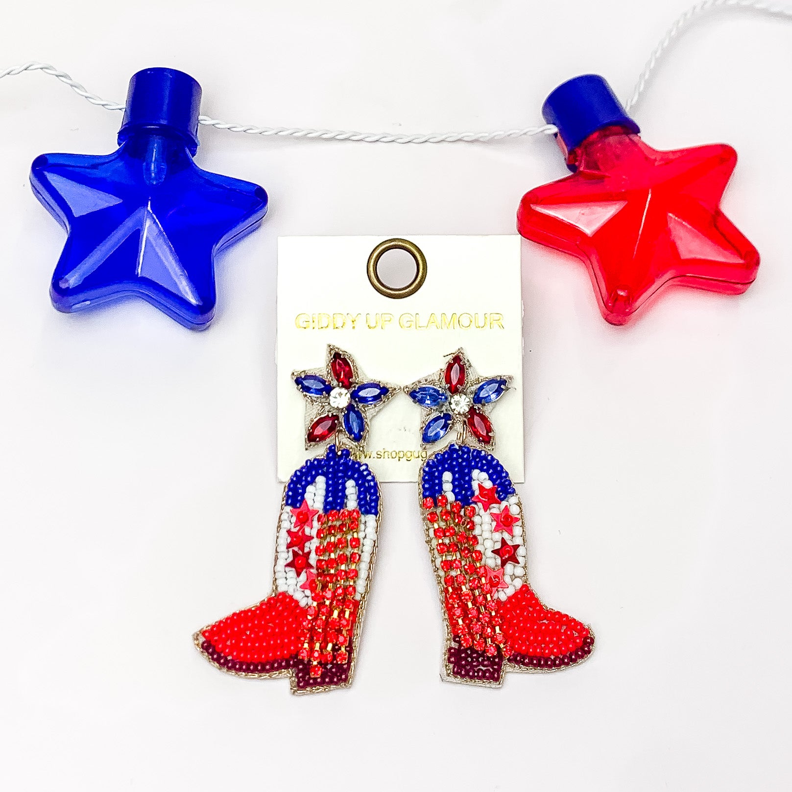 Patriotic Beaded Boot Earrings with Blue and Red Crystals - Giddy Up Glamour Boutique