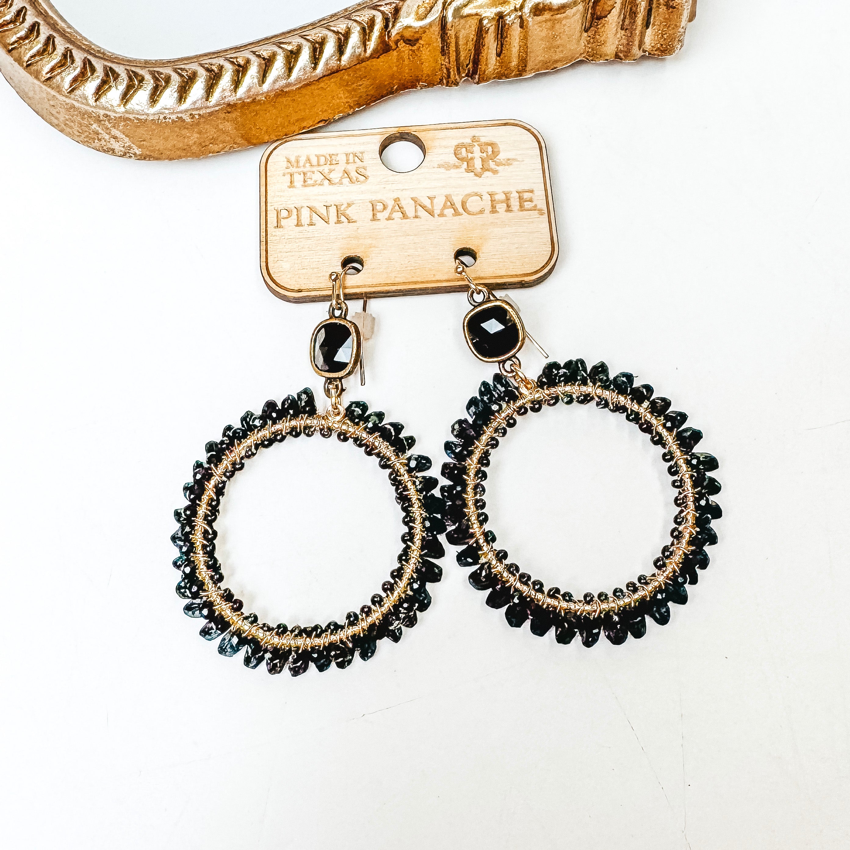 Pink Panache | Cushion Cut Crystal Earrings with Crystal Beaded Circle Drop in Black - Giddy Up Glamour Boutique