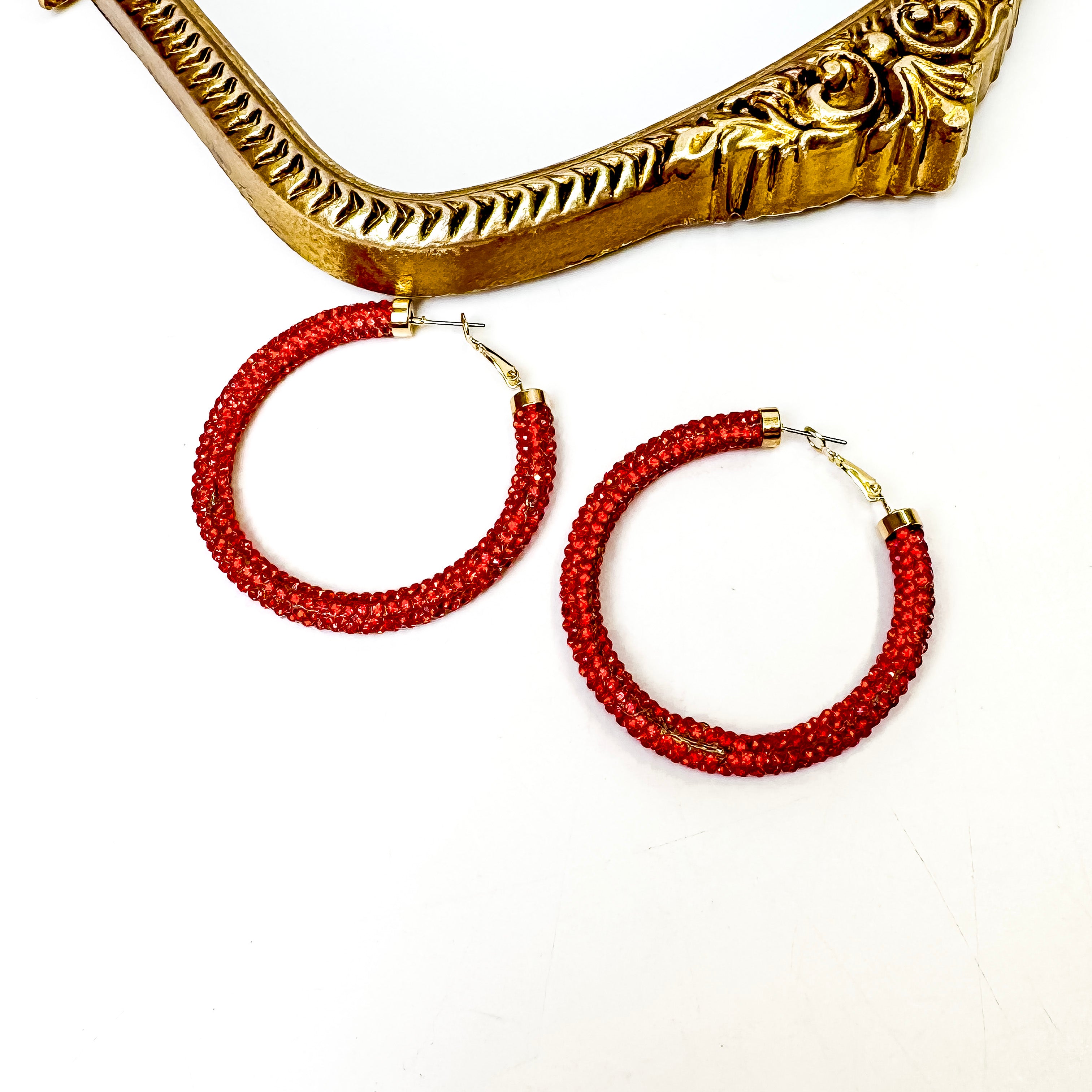 Pink Panache | Gold Tone Hoop Earrings With Rhinestone Mesh in Red - Giddy Up Glamour Boutique