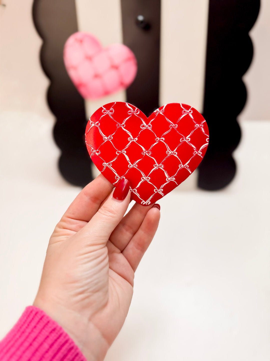 The Round Top Collection | Hearts with Bow Lattice Heart Magnet in Red